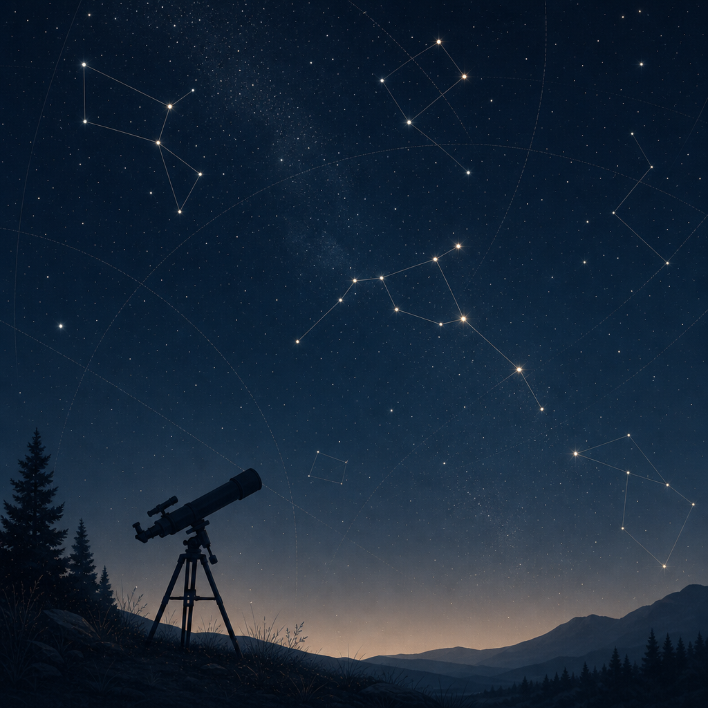 Atmospheric night-sky illustration with star-chart lines, constellation points, and a subtle telescope silhouette on the horizon