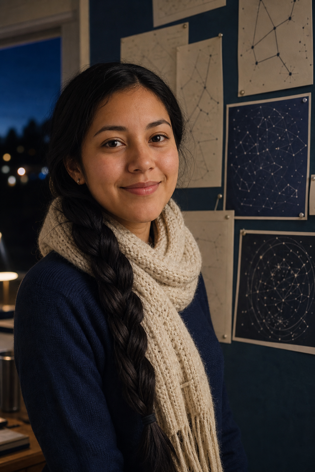 Elena Rivera, a volunteer educator with long black braided hair and a cream knit scarf, smiling beside constellation sketches