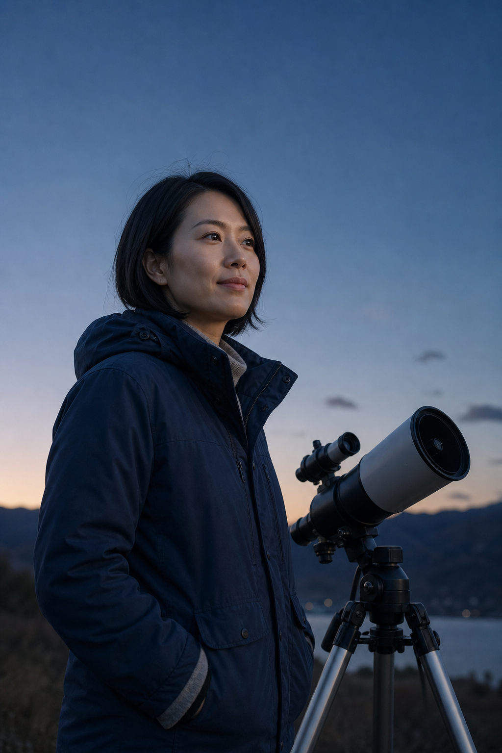 Lina Cho, a calm volunteer organizer with short dark hair and a navy field jacket, standing beside a telescope at dusk