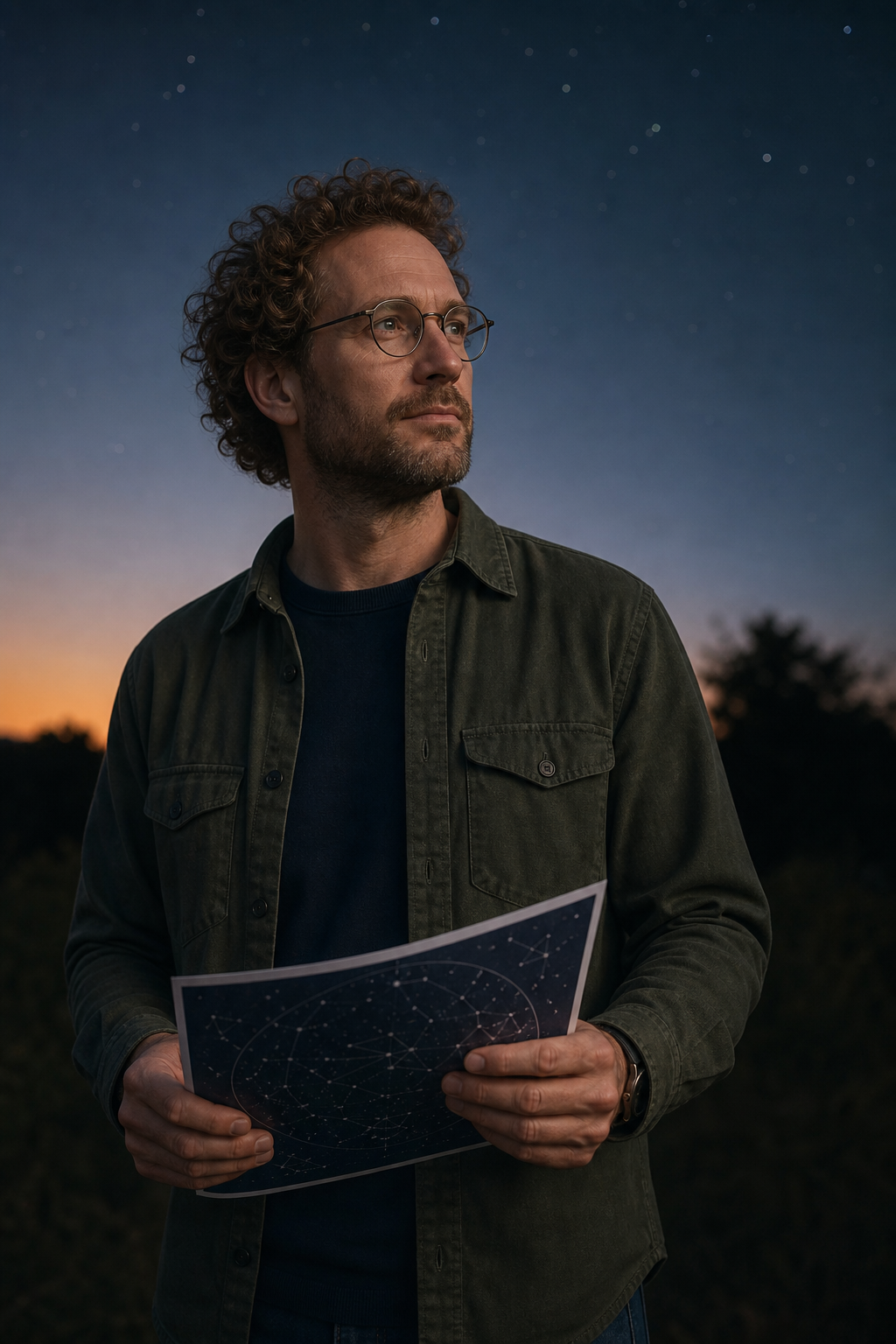 Marcus Hale, a volunteer sky guide with curly brown hair and round glasses, holding a star chart under a twilight sky