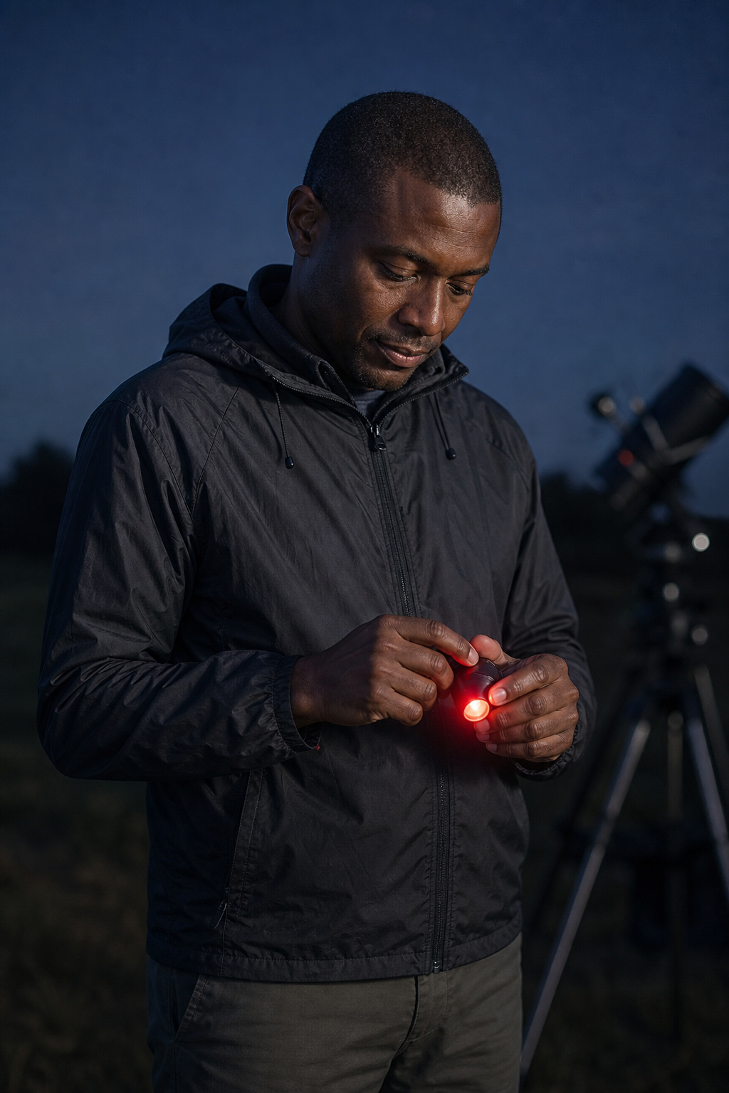 Samir Okafor, a volunteer logistics helper with close-cropped hair and a charcoal windbreaker, checking red-light flashlights at an observing field