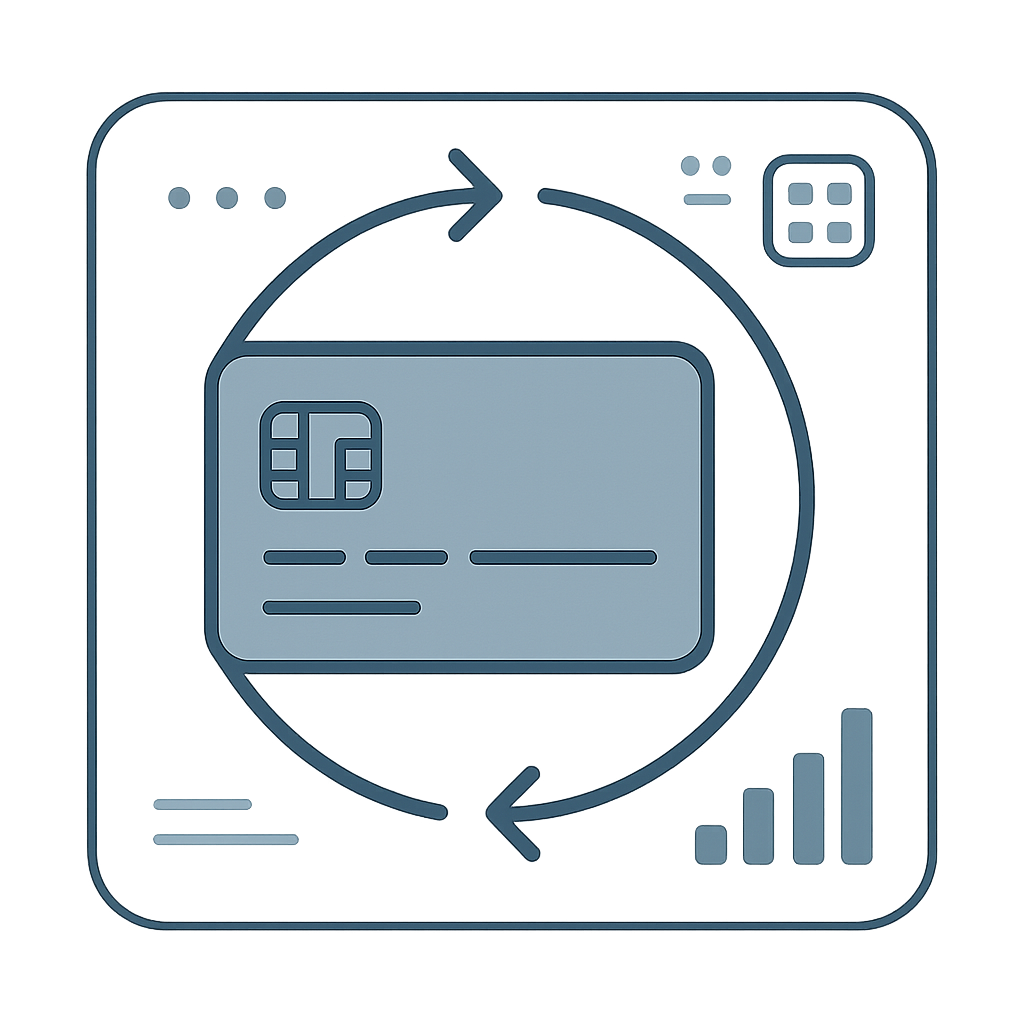 Line of Credit illustration: fintech credit card and revolving arrow, blue/gray style