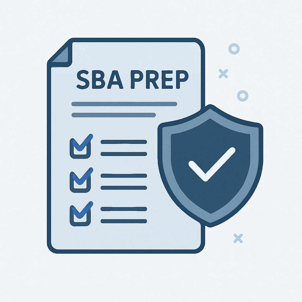 SBA Prep illustration: blue/gray document, checklist, and shield icon