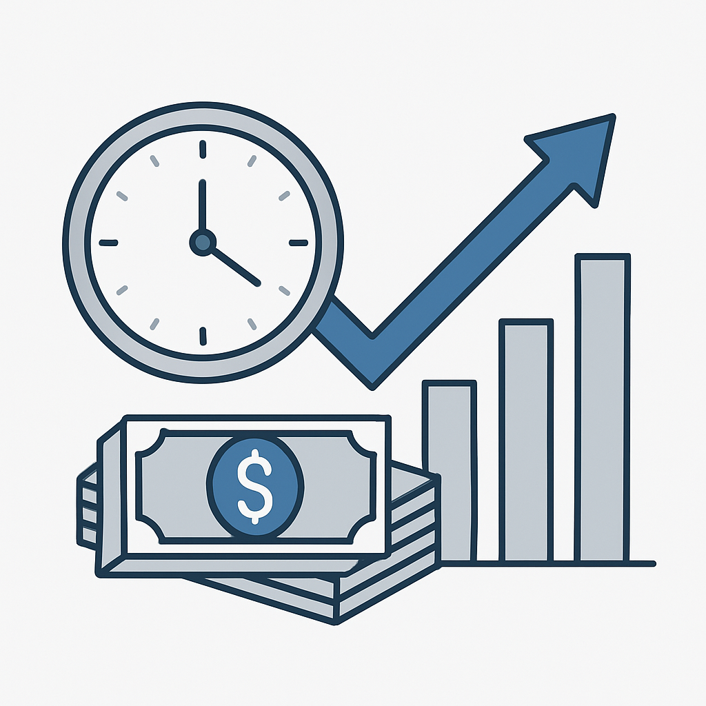 Short-Term Loans illustration: fintech clock, cash, and upward arrow in blue/gray palette