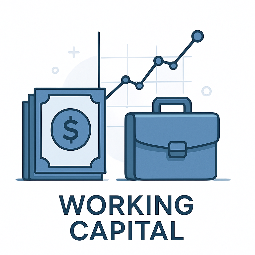 Working capital illustration: finance icon with cash and chart in blue fintech style