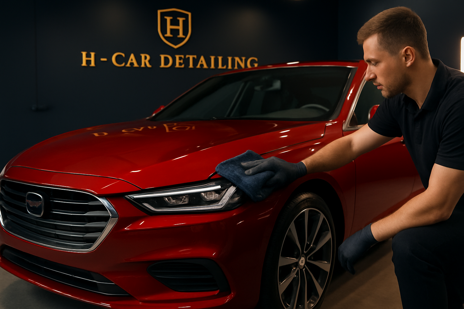 Shiny red luxury car being wiped during ceramic coating application under soft studio lighting.