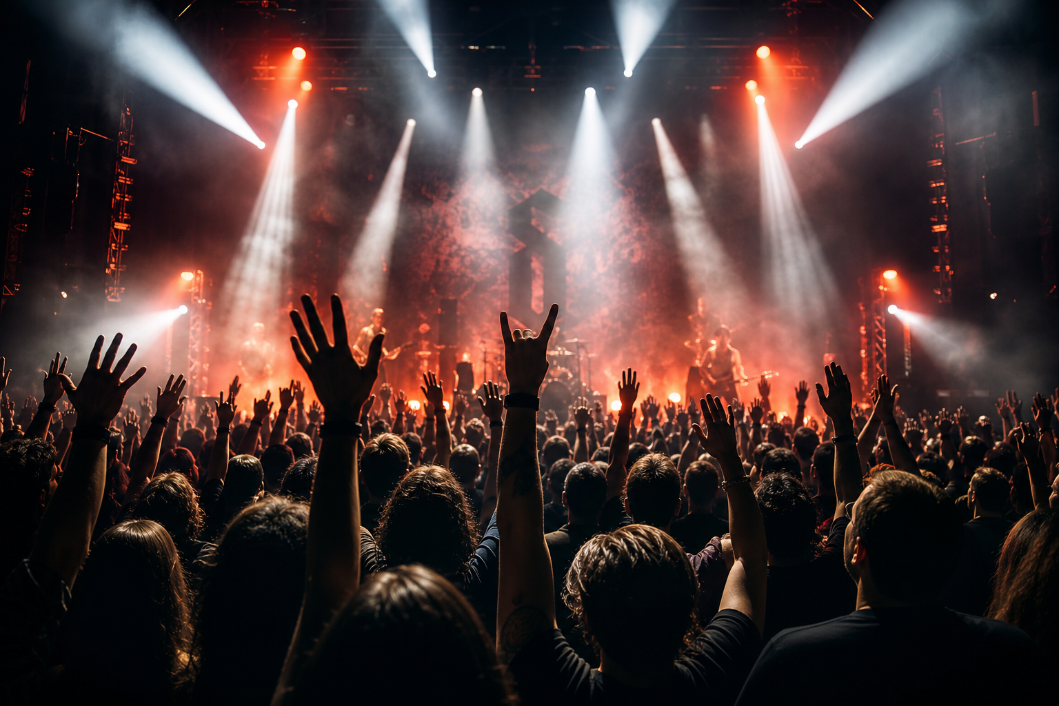 A dramatic crowd of rock concert fans with raised hands under bright stage lights