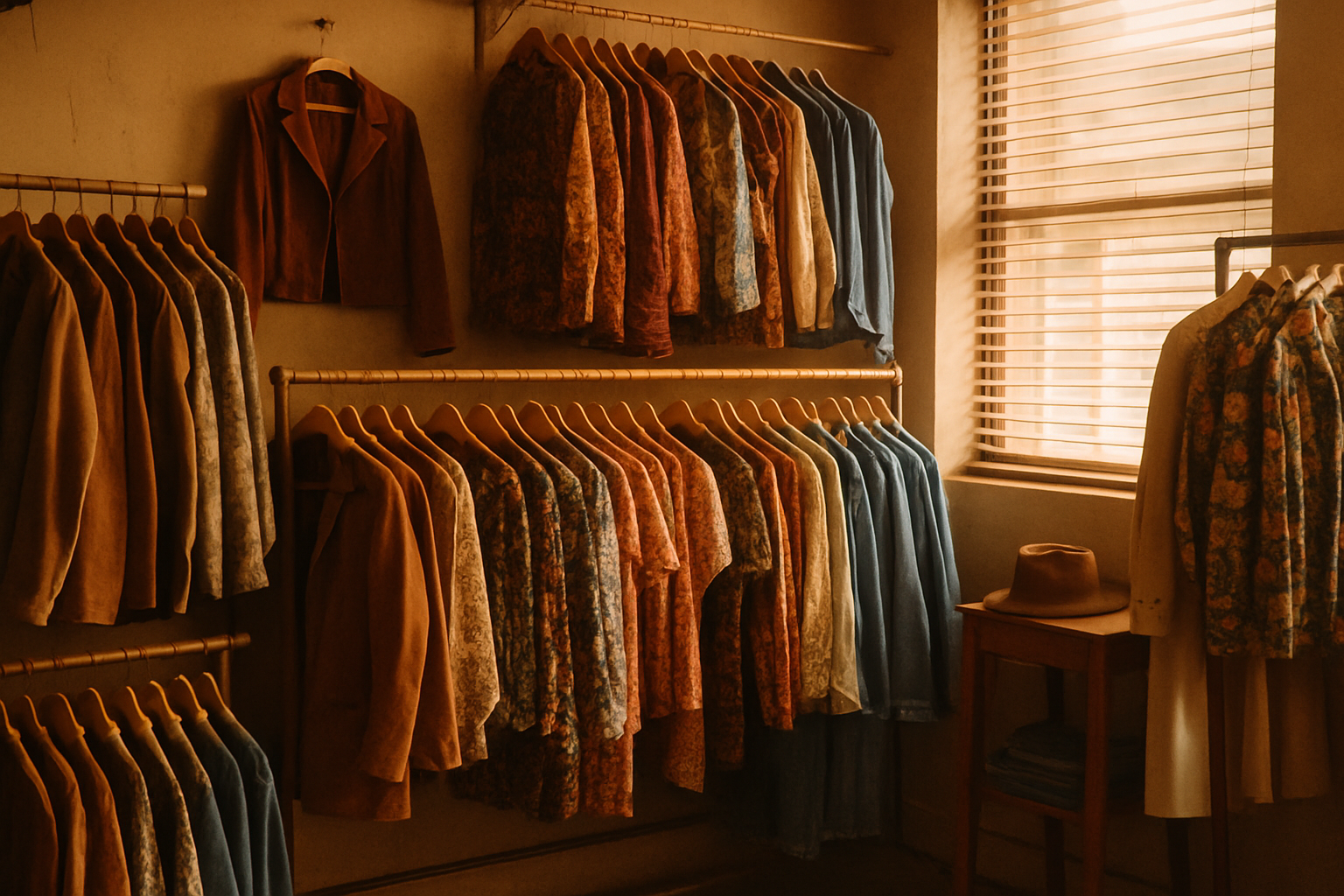 Warm cinematic photo of a boutique vintage clothing store interior with 70s and 80s garments on wooden racks, soft golden light, and a nostalgic editorial feel
