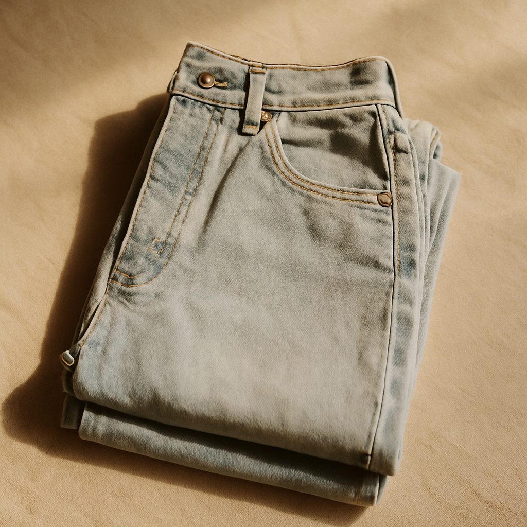 Soft film-style image of light-wash 1980s high-waisted denim jeans folded neatly on a canvas surface