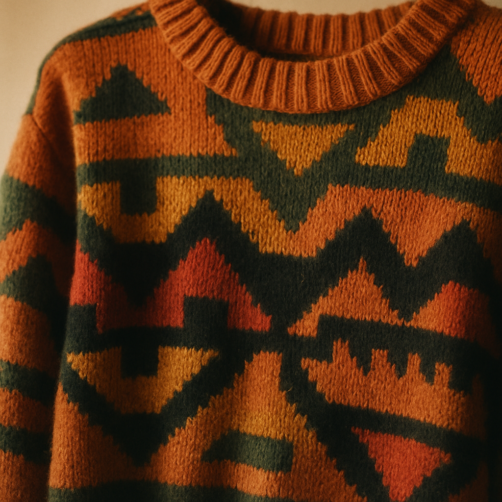 Close-up film-grain shot of a bold 1980s graphic knit sweater with geometric patterns