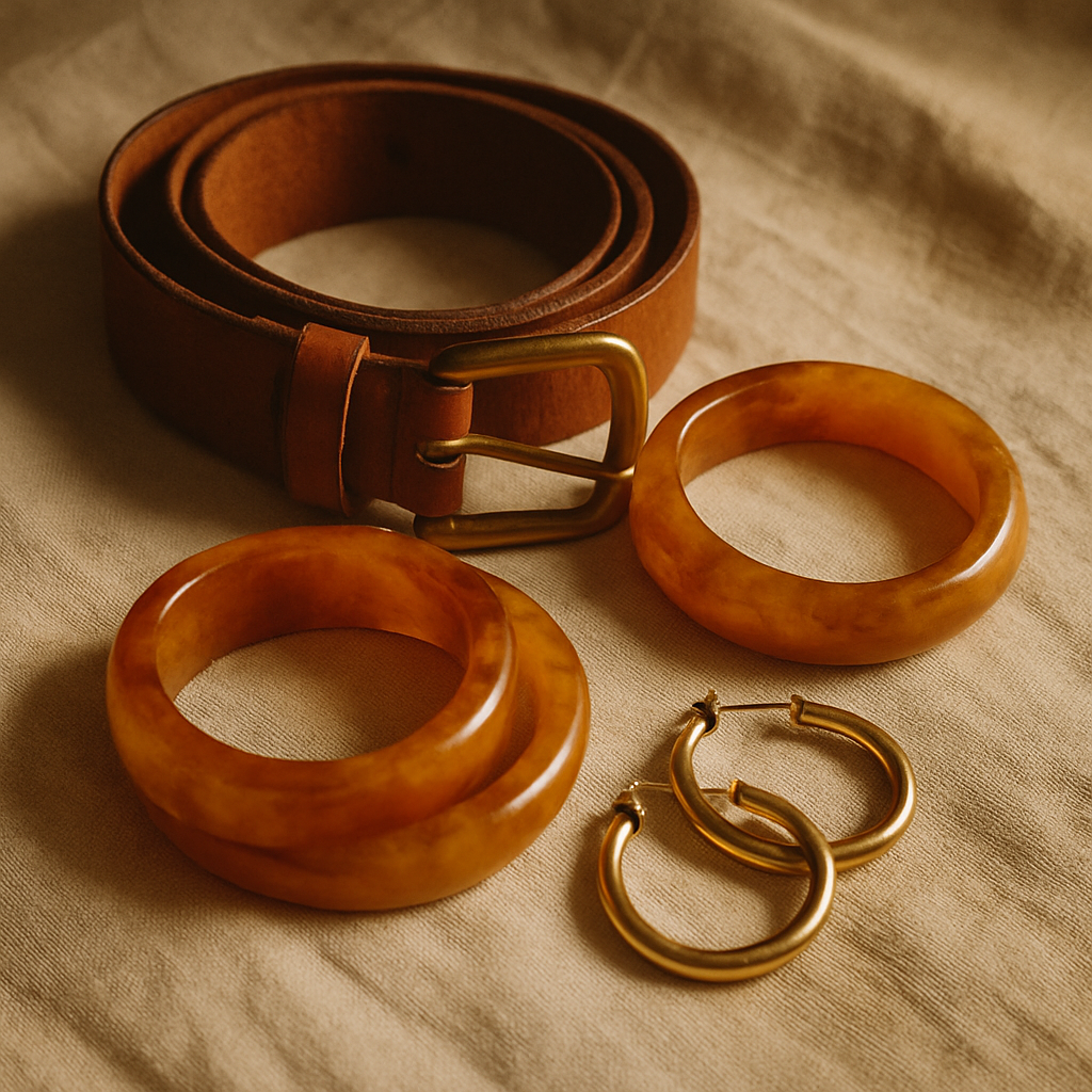 Warm still-life of rare vintage accessories including a leather belt, chunky bangles, and gold earrings on a linen cloth
