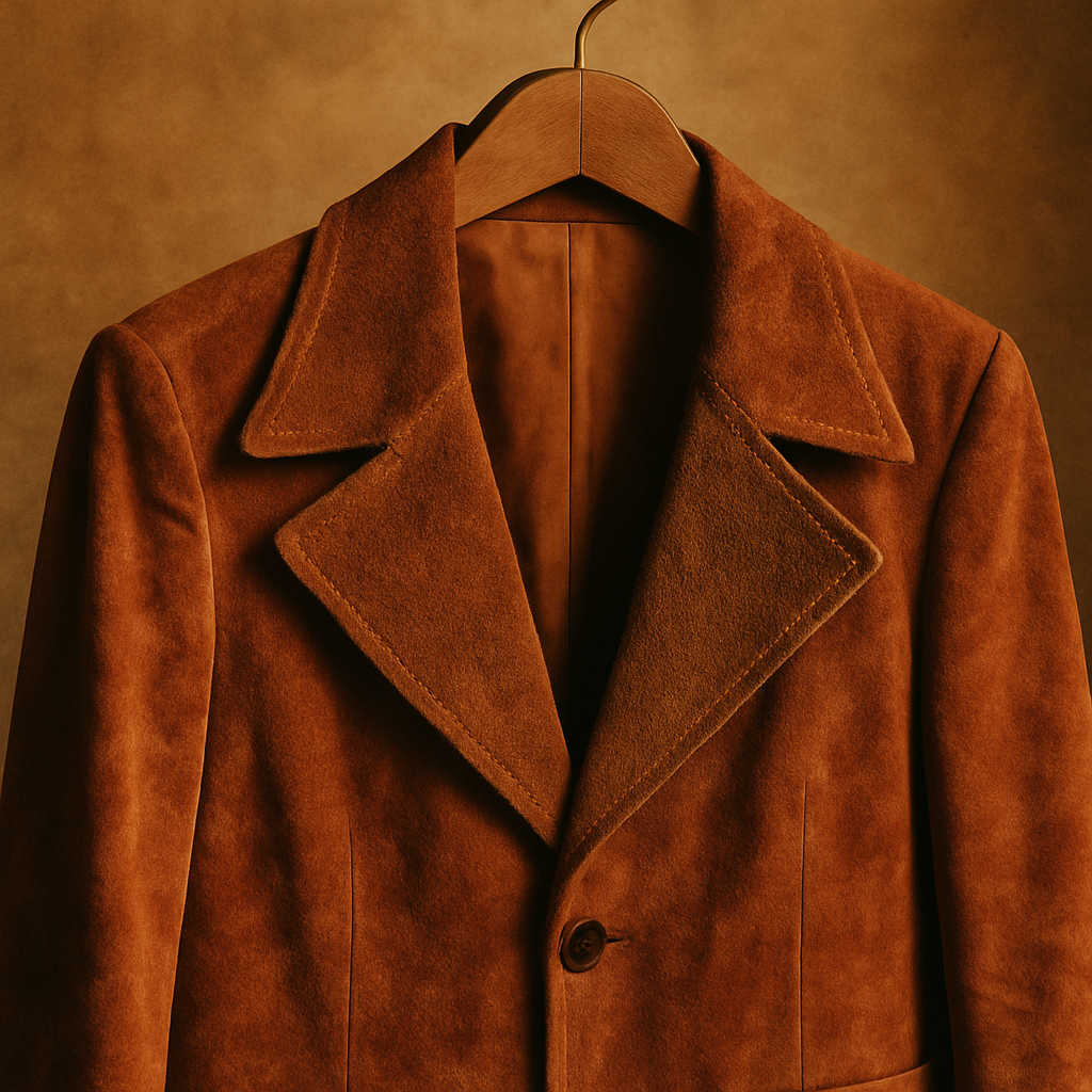 Warm-toned photo of a 1970s suede statement jacket with wide lapels on a vintage wooden hanger
