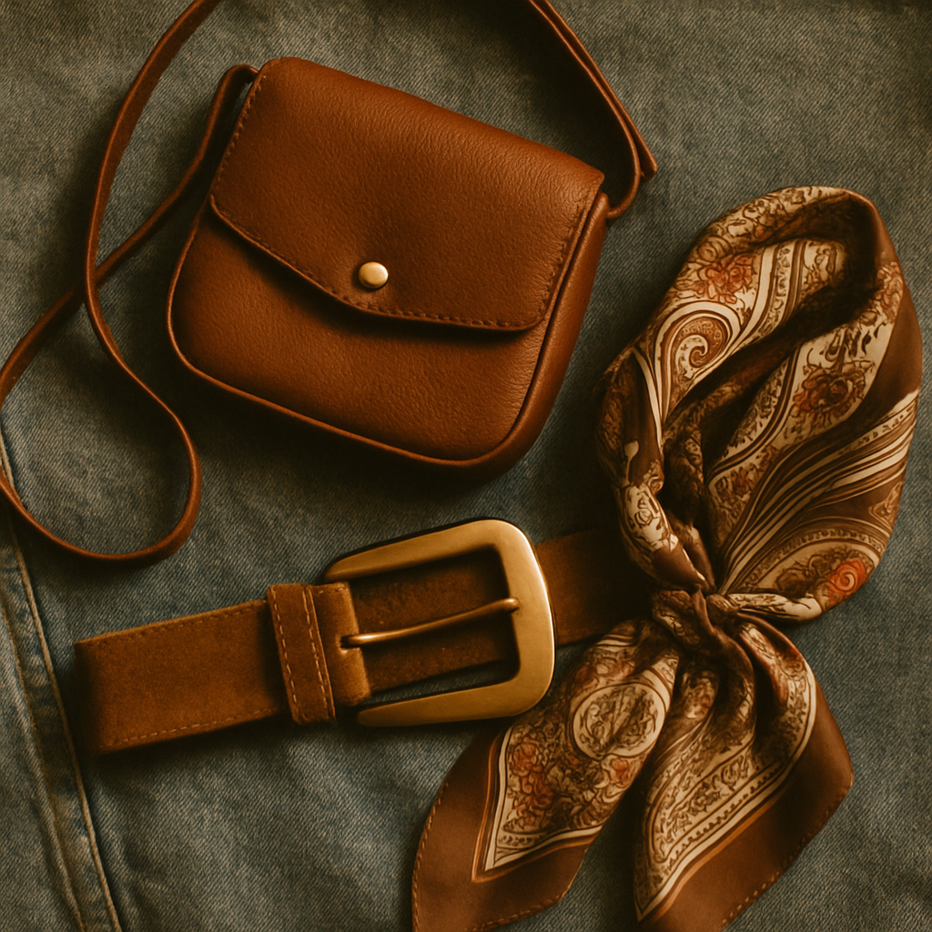 Close-up of a brown leather bag, gold belt, and patterned scarf laid on denim for a warm retro editorial feel