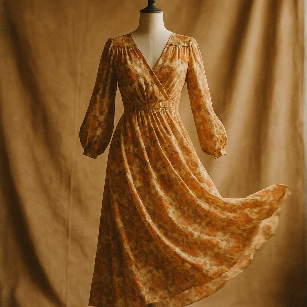 Warm editorial photo of a flowing 1970s floral vintage dress draped on a mannequin