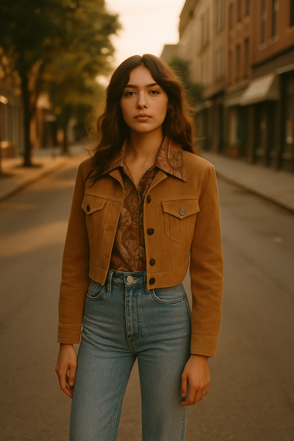 Model wearing a cropped suede jacket and high-waisted denim in warm, grainy 70s-inspired street styling