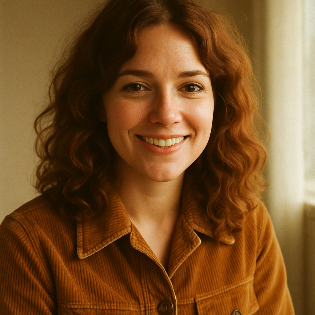 Portrait of Lena wearing a warm-toned vintage jacket