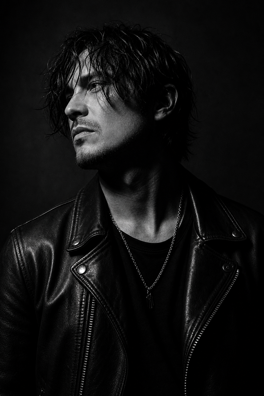 Moody black-and-white portrait of a male recording artist wearing a leather jacket, lit with sharp side lighting