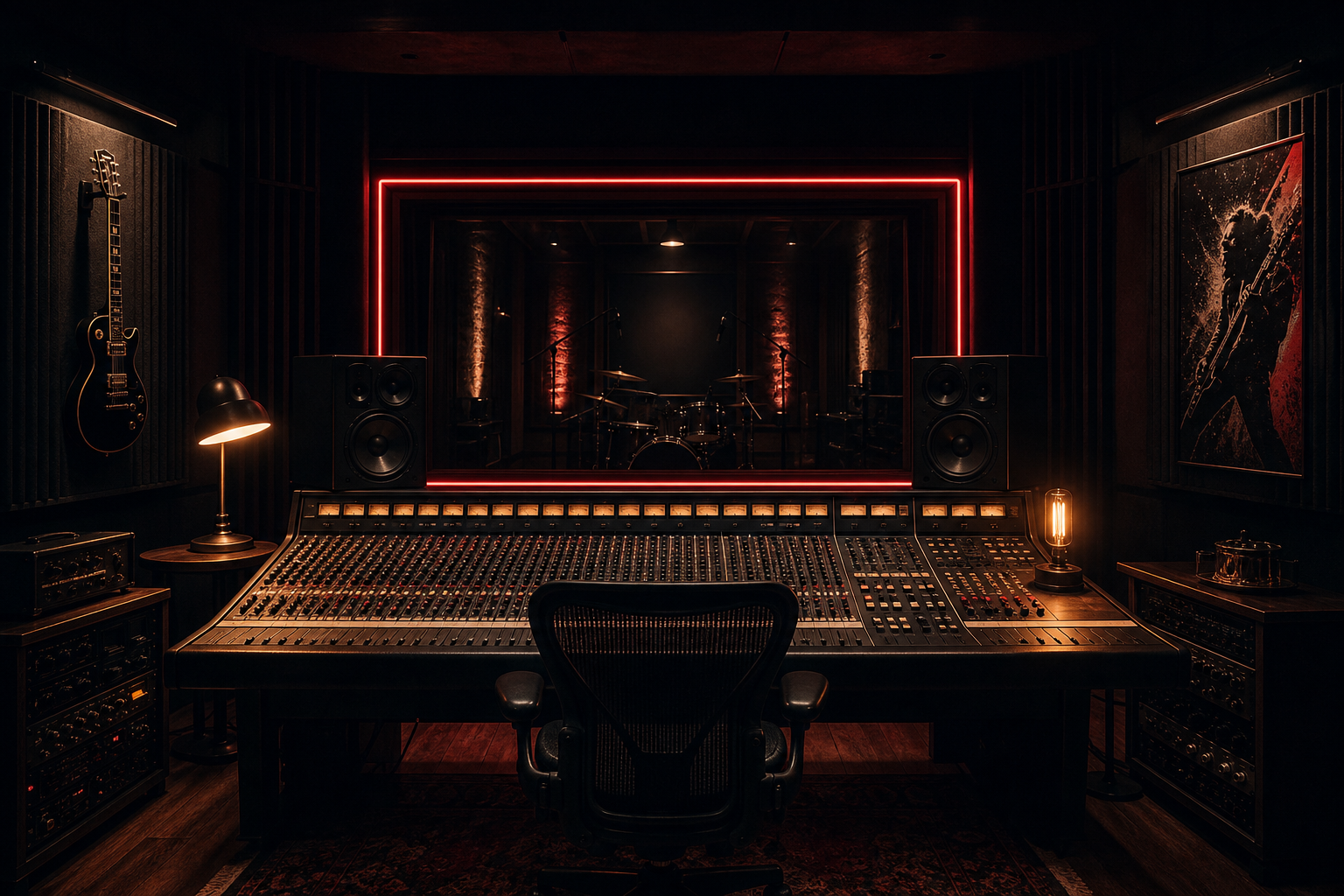Moody recording studio room with dark walls, analog mixing console, and soft neon accent lighting