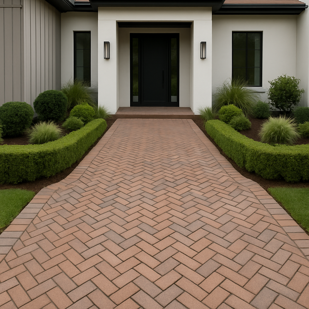 Classic herringbone paver driveway leading to a modern home entrance