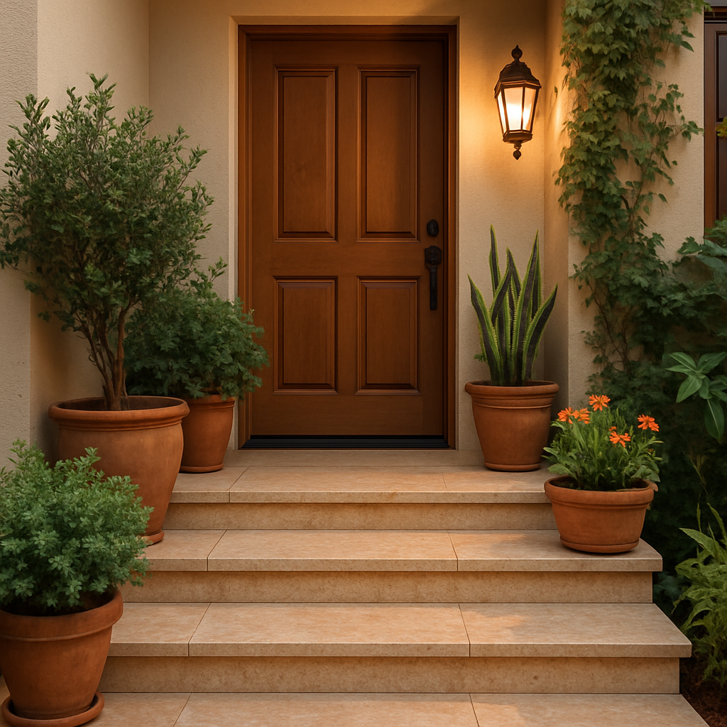 Travertine entry steps leading up to a welcoming front door
