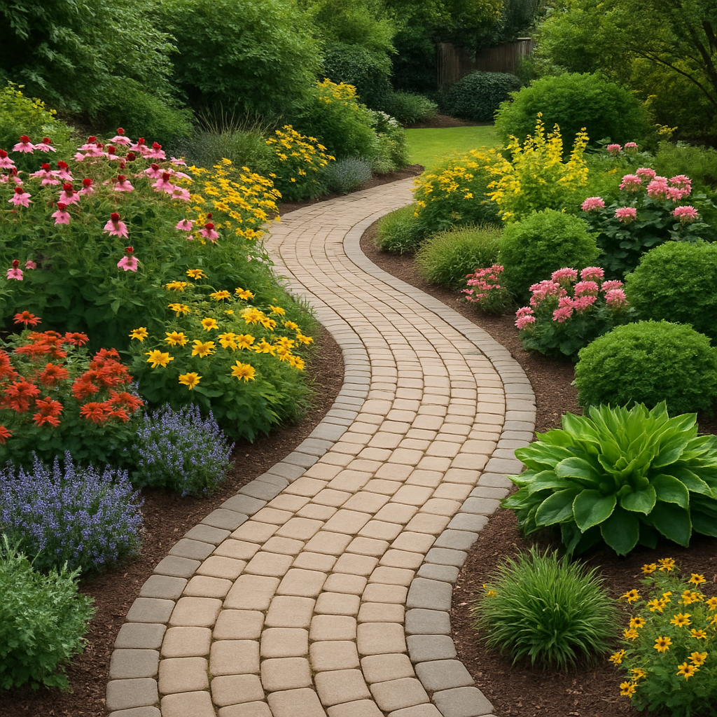 Curved paver pathway through a landscaped backyard with flowers