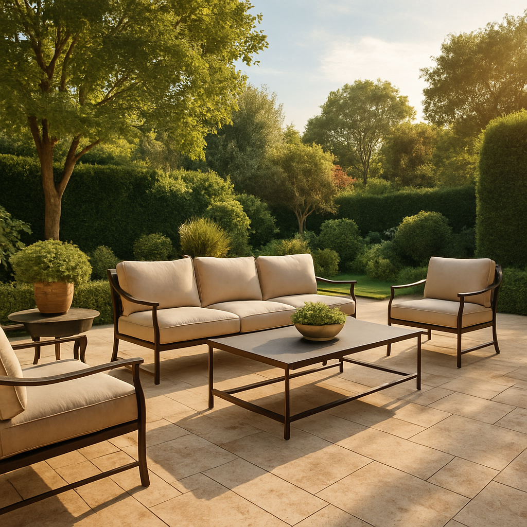 Spacious travertine patio with outdoor seating, surrounded by lush landscaping