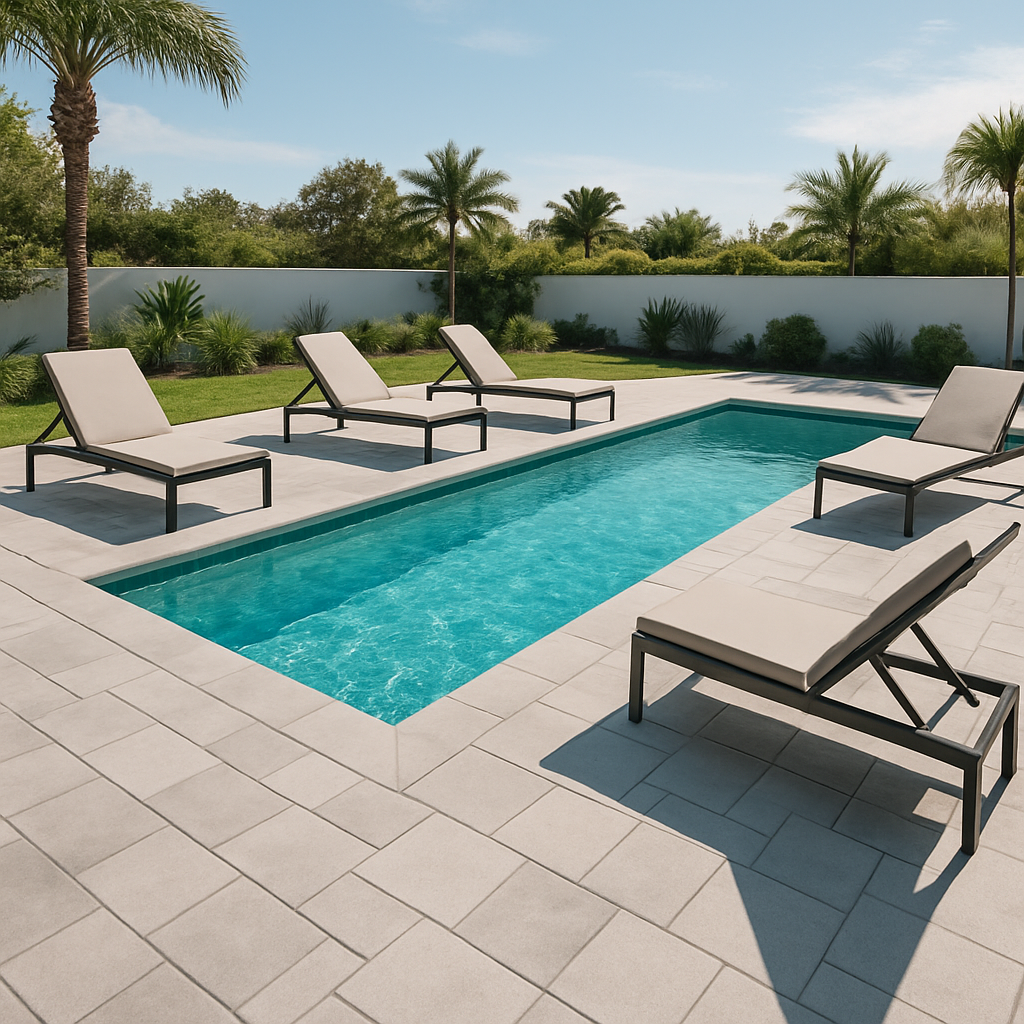 Modern paver pool deck with lounge chairs and clean lines