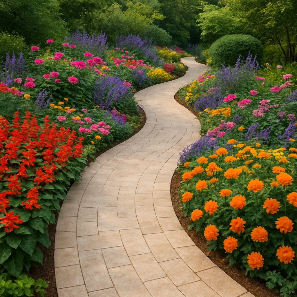 Winding travertine walkway bordered by vibrant garden beds