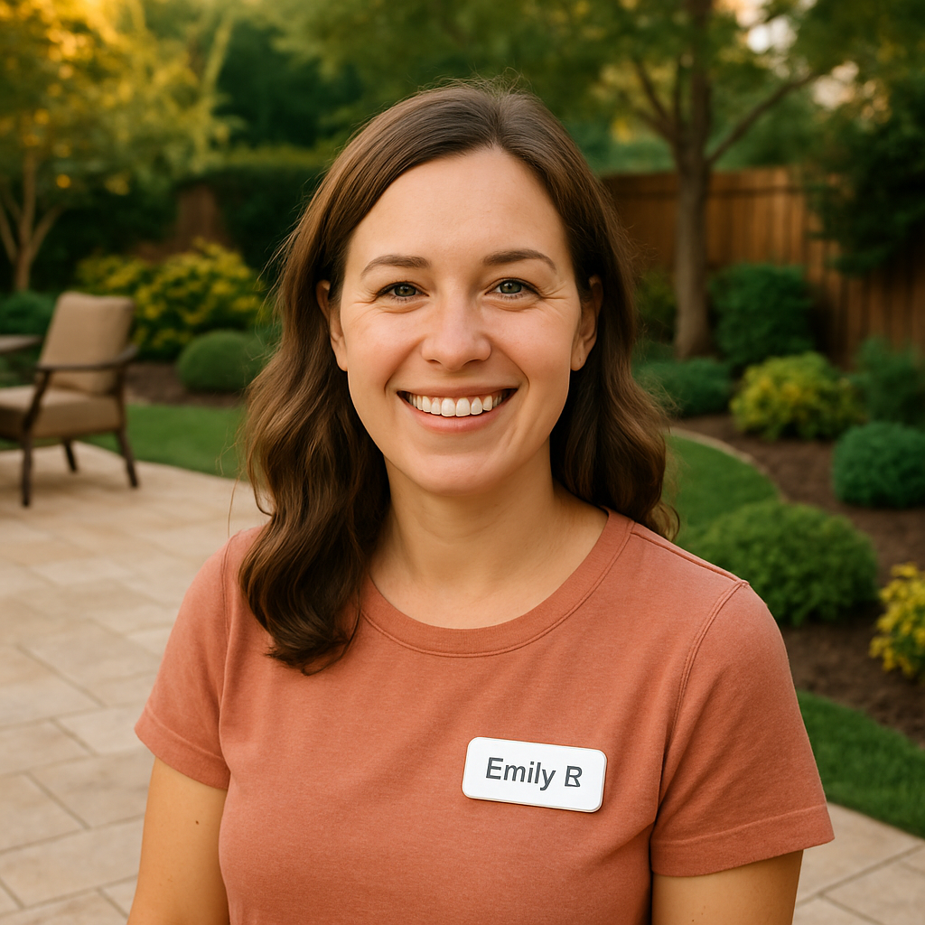 Emily R. smiling in her backyard