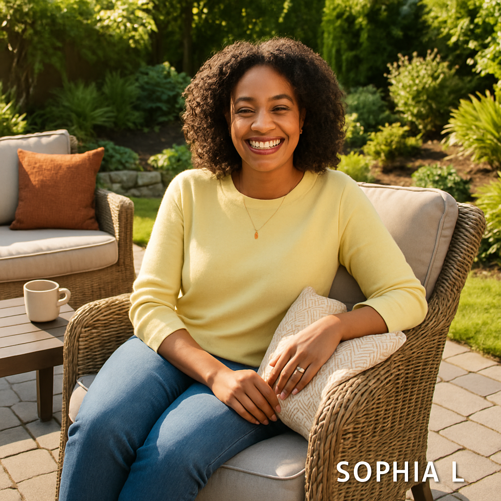 Sophia L. relaxing on her patio