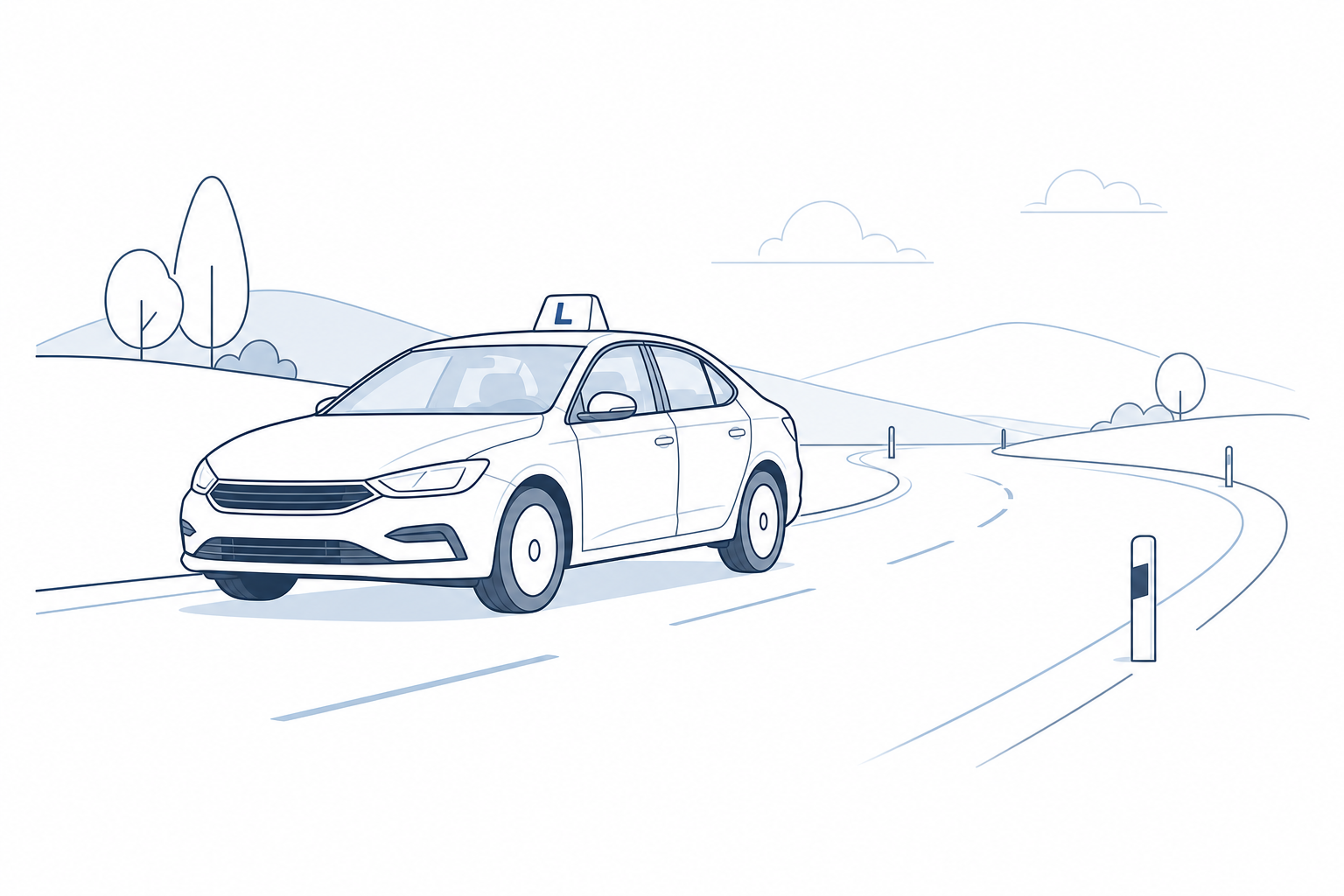 Clean line illustration of a calm training car on a curved road with simple road markers