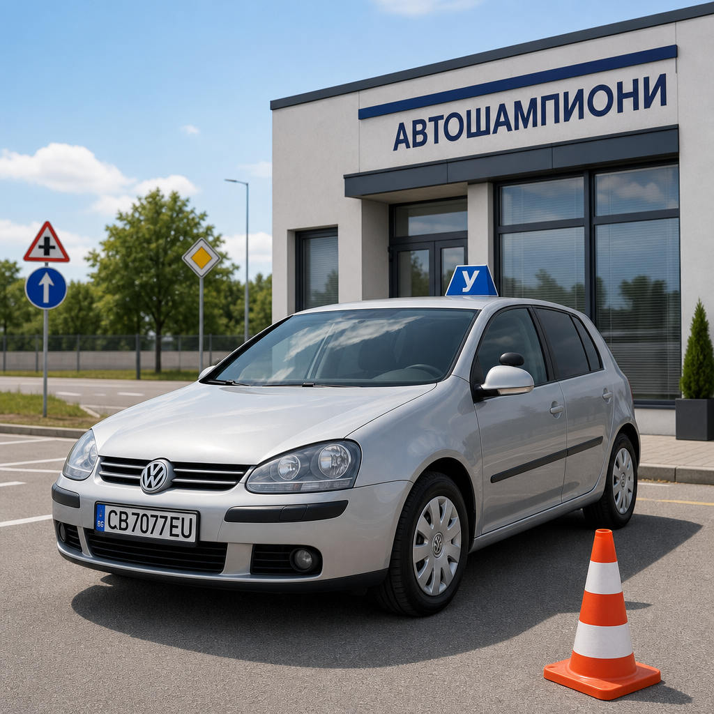 Clean line illustration of a calm training car on a curved road with simple road markers