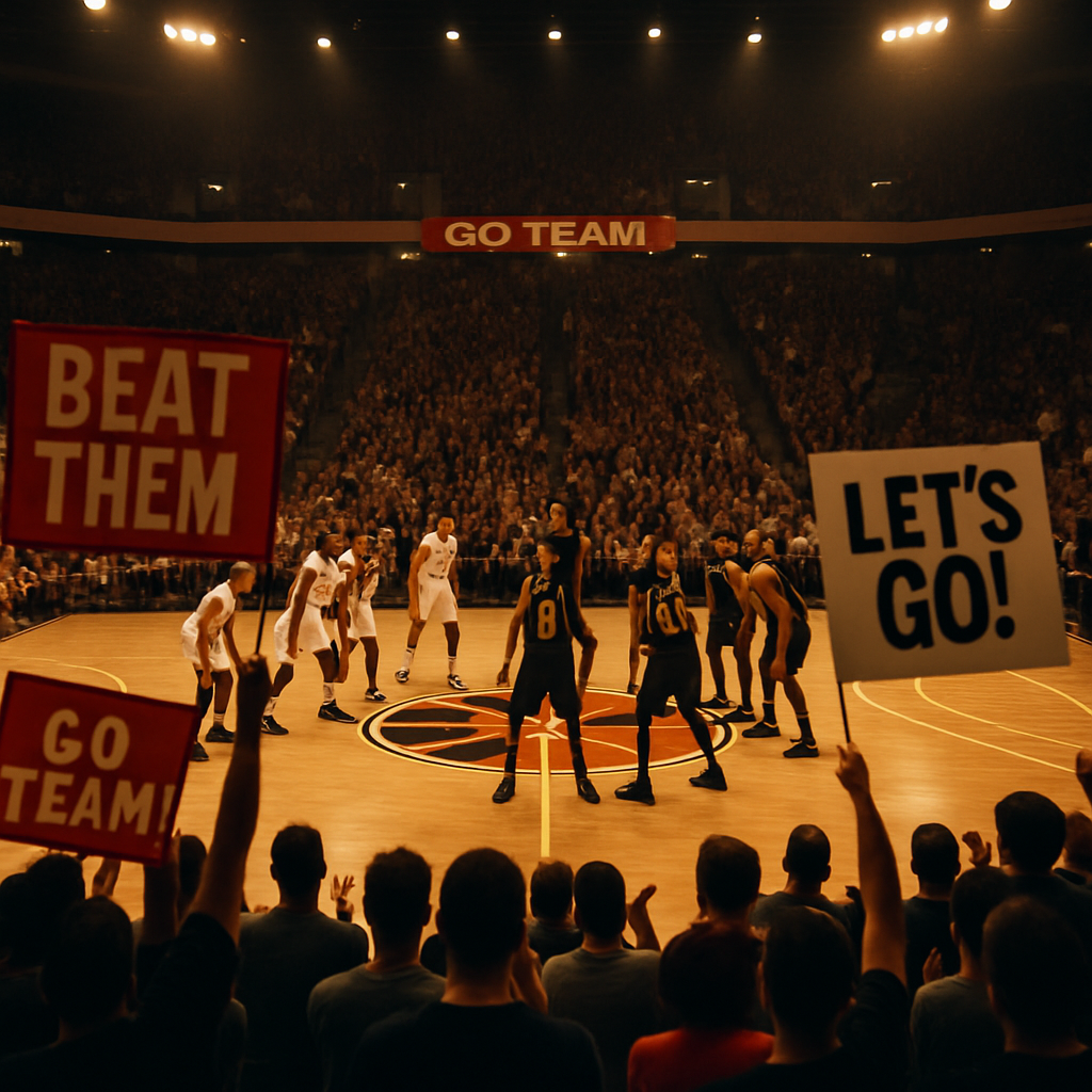 Indoor basketball arena with fans holding banners and two teams lined up for tip-off