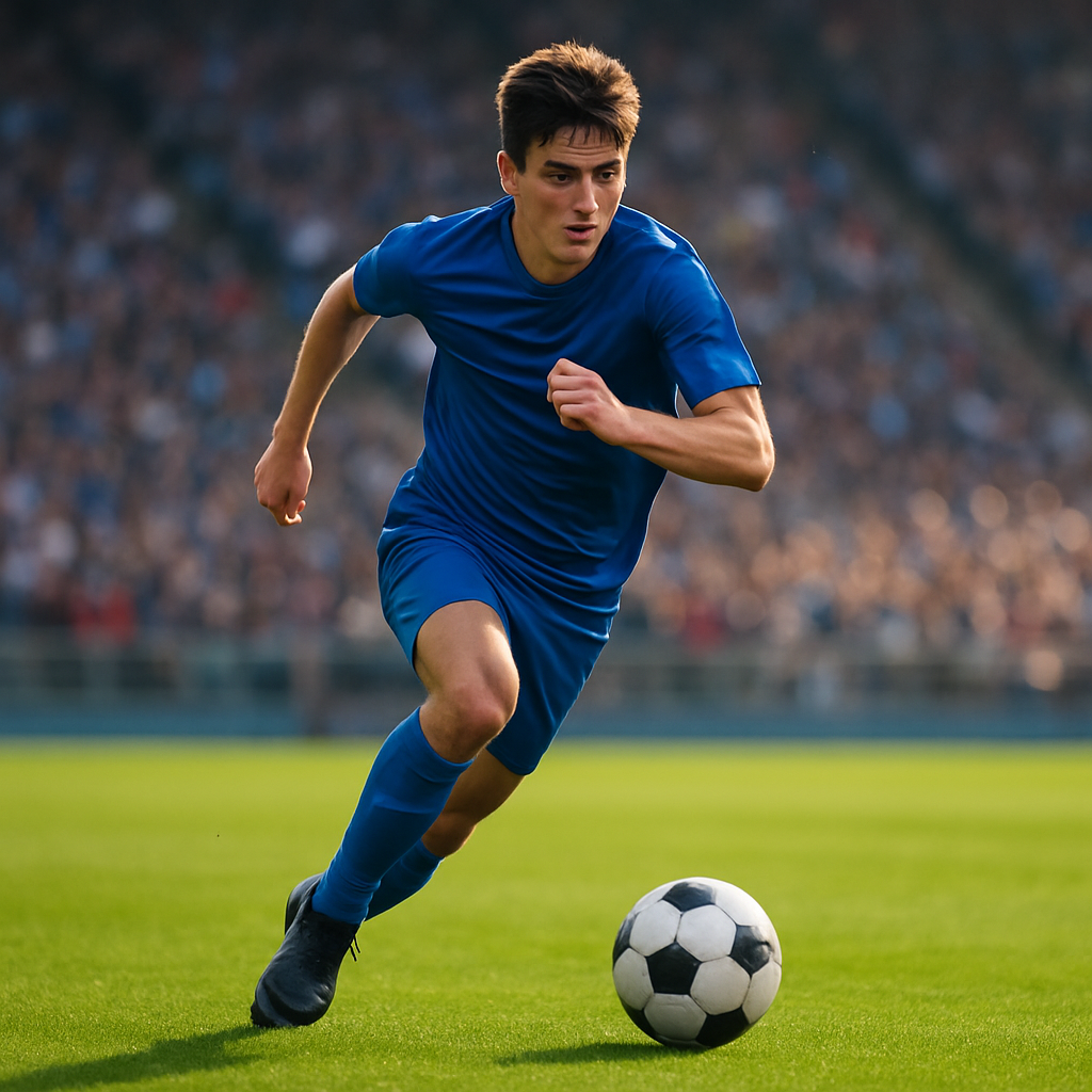Young soccer forward in a blue kit mid-stride with a ball on a green pitch under afternoon light