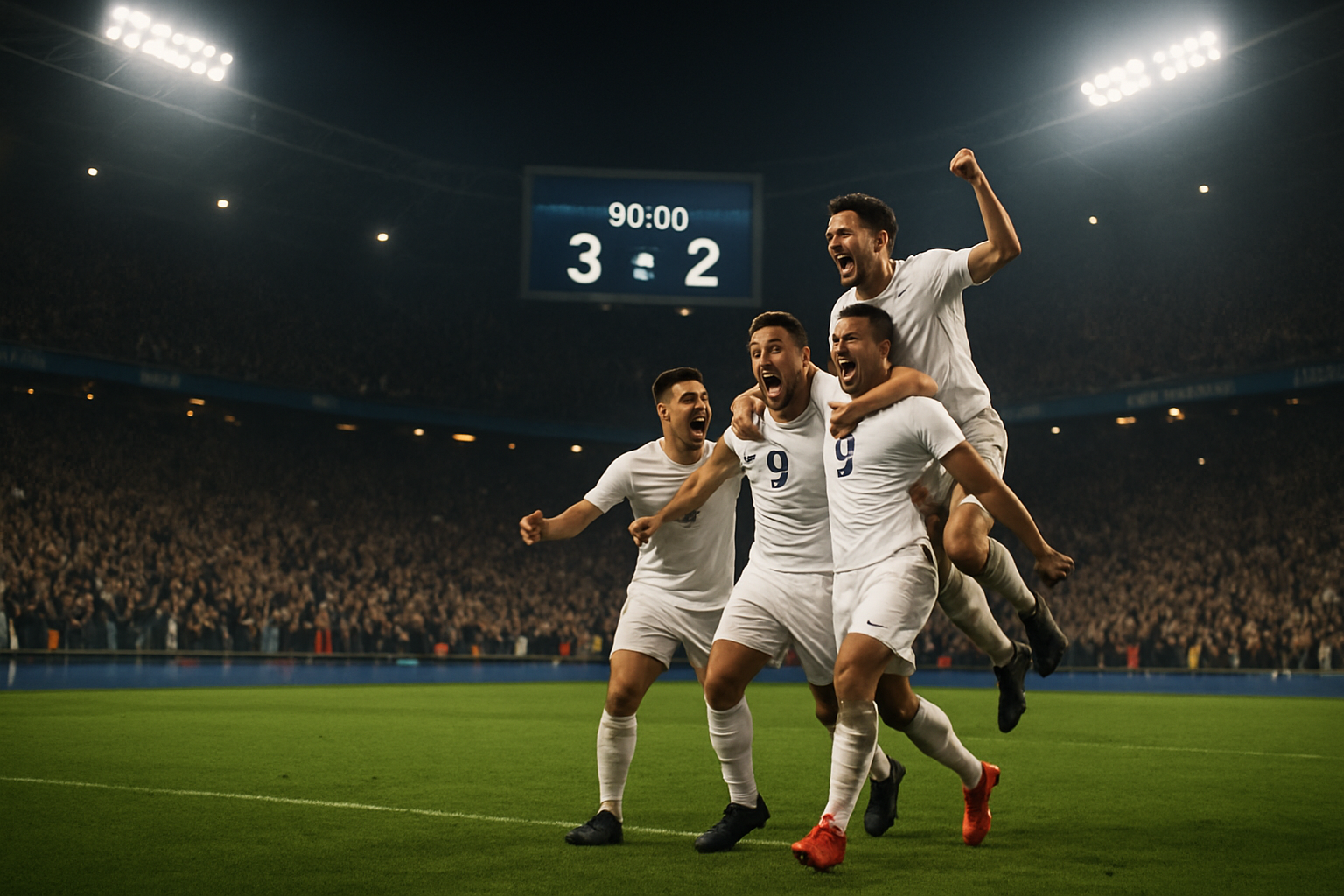 Packed stadium at night with bright floodlights and a scoreboard showing a close game as players celebrate