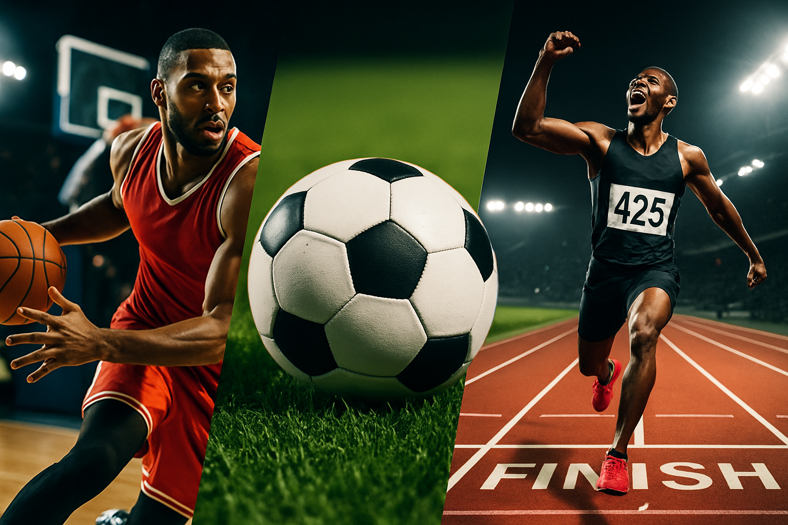 dynamic collage featuring a basketball player driving to the hoop, a soccer ball on green turf, and a runner at the finish line under stadium lights
