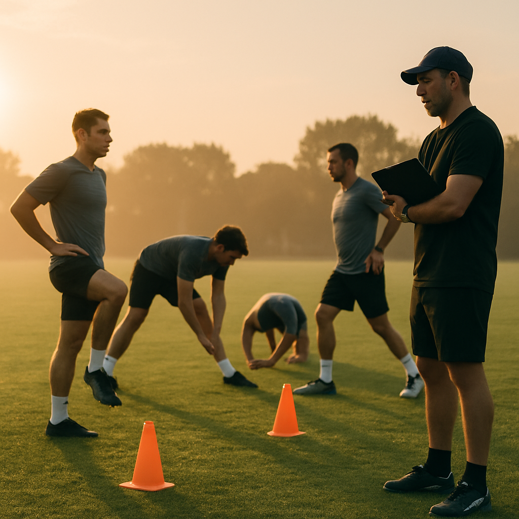 Morning training field with athletes stretching near cones and a coach holding a clipboard