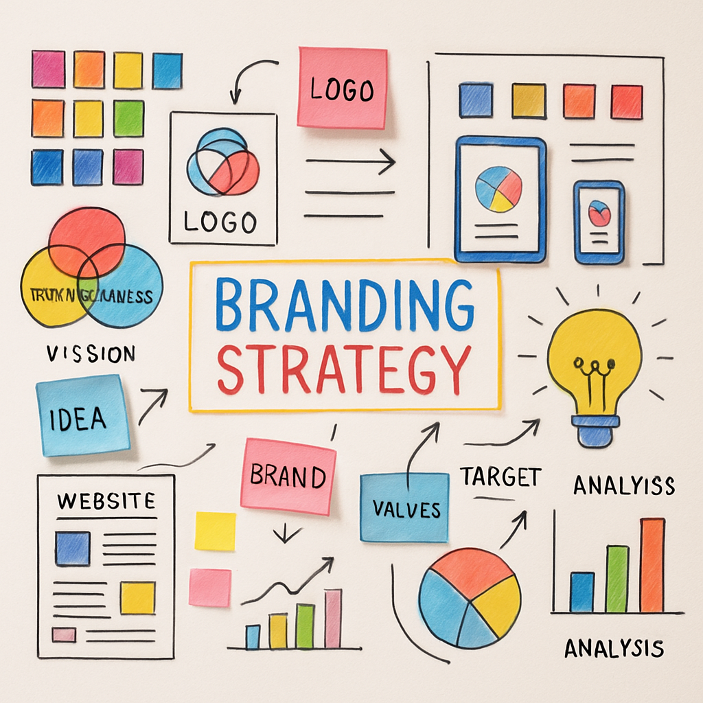 Colorful branding strategy board with sketches and design mockups
