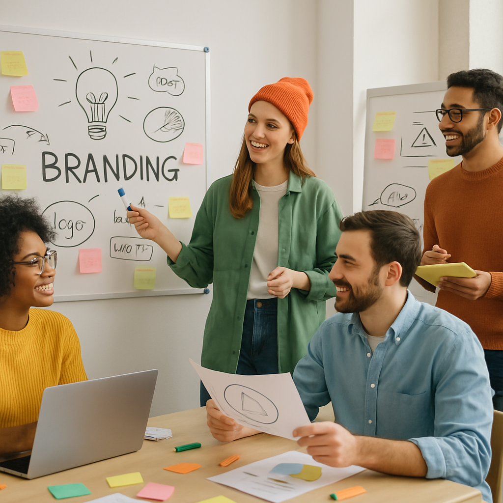 Creative team in a workshop brainstorming branding ideas together
