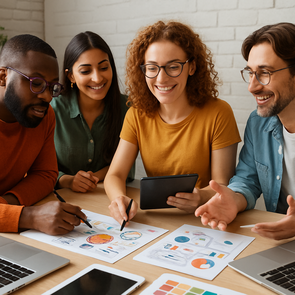 Diverse team members discussing creative ideas around a table with digital devices