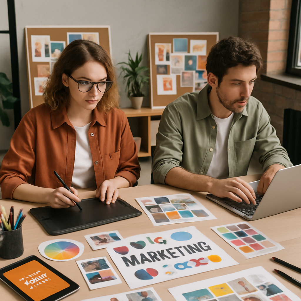 Designers collaborating on marketing campaign visuals in a modern studio