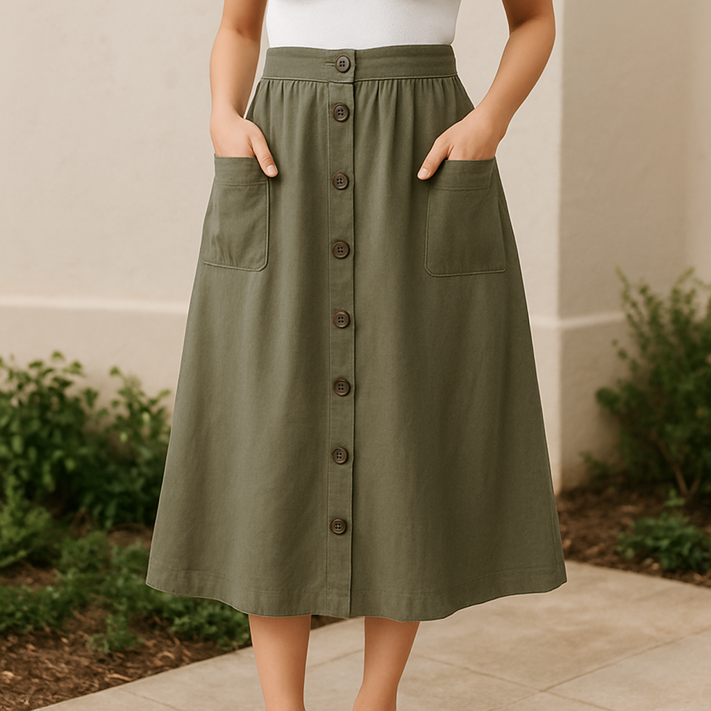 Button-Front Midi Skirt