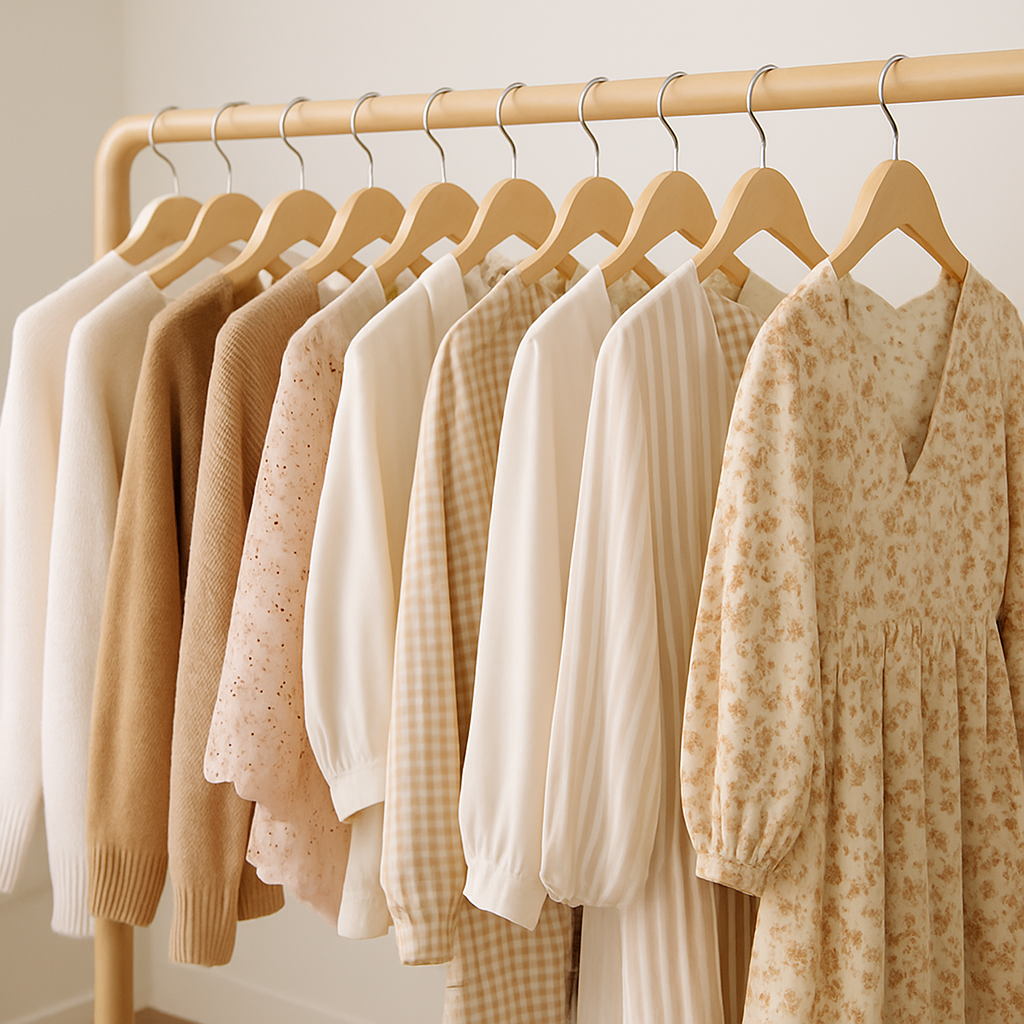 Assorted women’s clothing on hangers, focus on quality fabrics and stylish patterns, clean boutique setting, modern fashion vibe, stylish and inviting, warm white and pastel palette