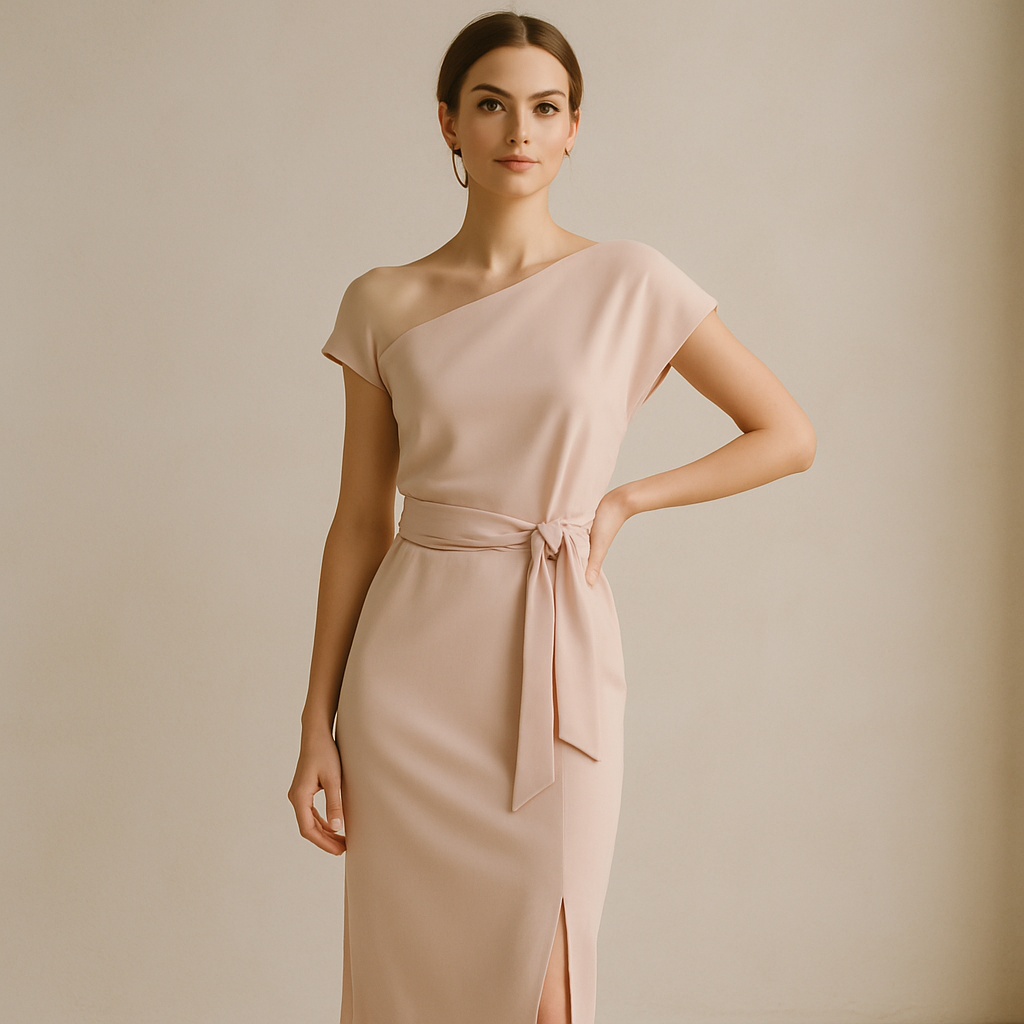 Elegant woman in a modern pastel dress, confident pose, minimalist background, stylish and contemporary fashion photography, soft natural lighting, neutral and blush tones