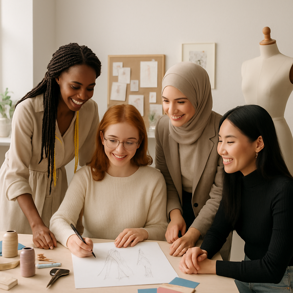 Diverse team of women fashion designers, creative workspace, collaborative and vibrant mood, modern and inspiring, elegant and minimal decor, soft daylight