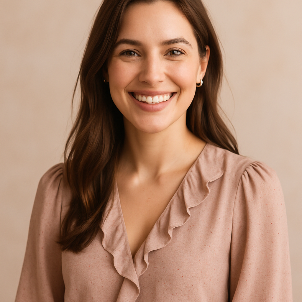 Smiling young woman with long brown hair wearing a trendy blouse