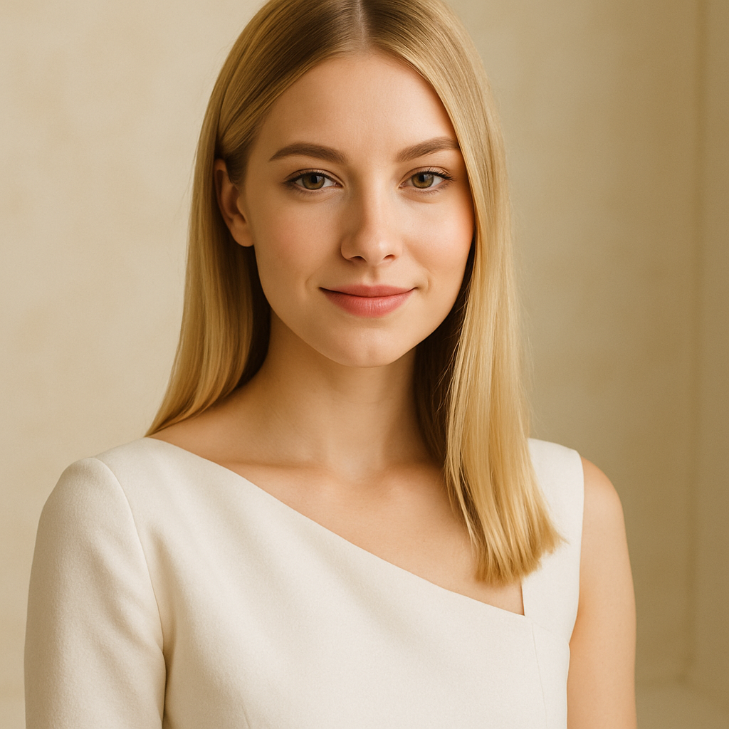 Young woman with straight blonde hair in a chic white top, soft smile
