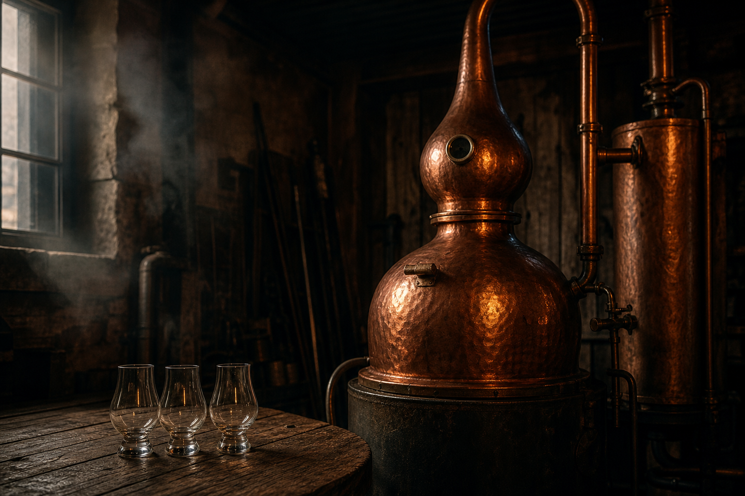 Atmospheric copper still and glassware in a dim workshop with warm wood and metal textures