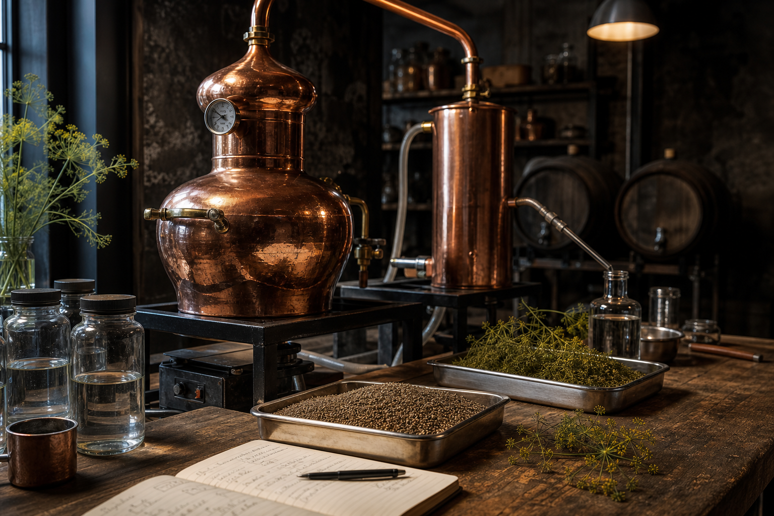 Copper pot still with botanical trays of caraway and dill seed on a rough wooden bench in a dim Nordic workshop