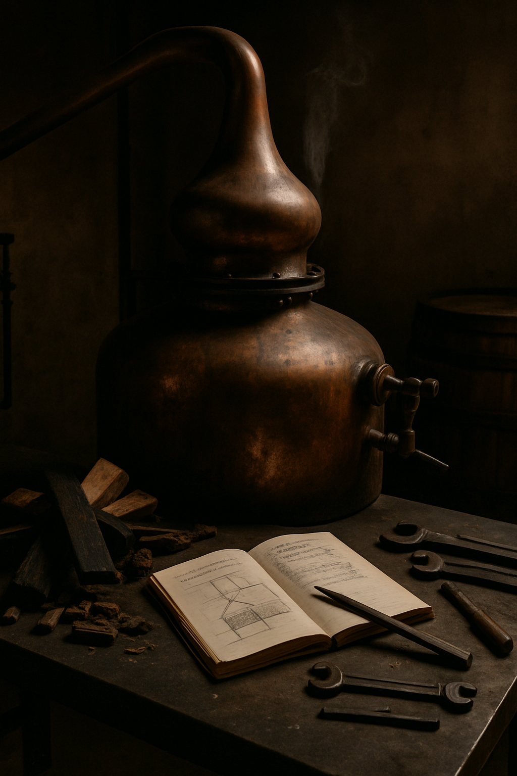 Copper pot still in a dim workshop with warm vapor, charred oak barrel pieces, and handwritten distillation notes on a metal bench